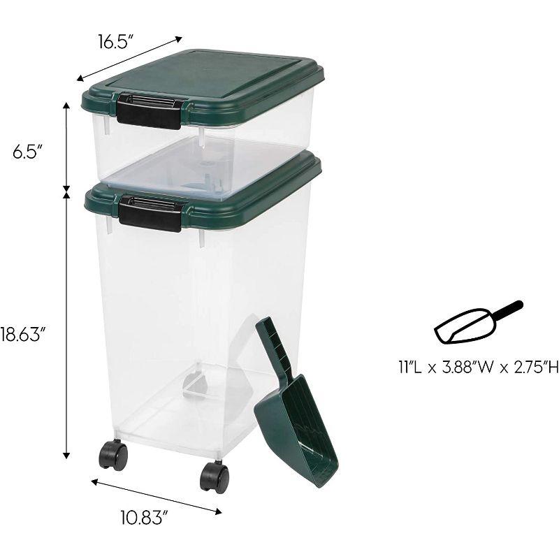 IRIS USA 30lbs + 11lbs Airtight Pet Food Storage Container Combo with Scoop and Casters, up to 41lbs, 3 of 8