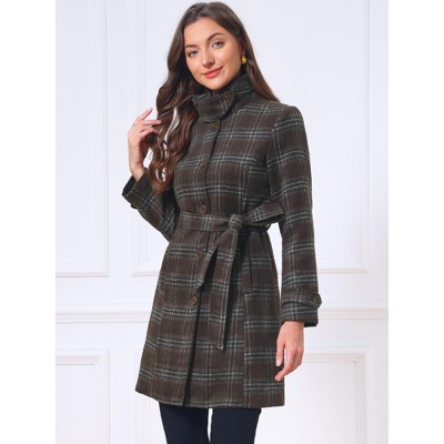 INSPIRE CHIC Women's Vintage Plaid Long Sleeve Stand Collar Belted Single Breasted Overcoat X-Small Brown — фото 4