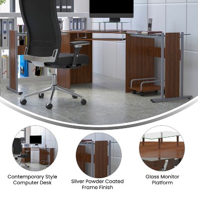 Maple and Glass Corner Desk with Keyboard Tray and CPU Cart