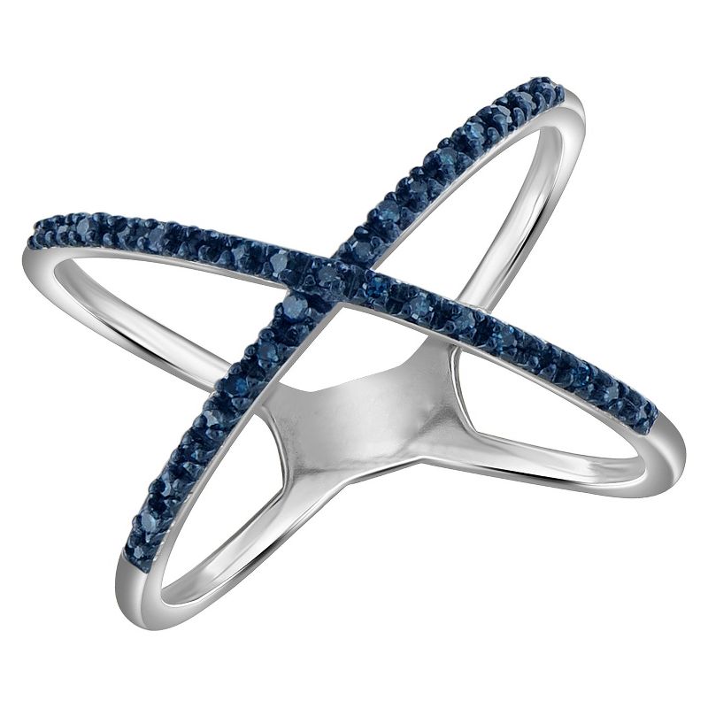 1/10 CT. T.W. Round-Cut Blue Diamond Prong Set X Ring in Sterling Silver - White (6)", 1 of 3