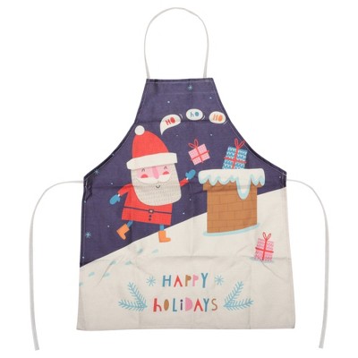 Unique Bargains Christmas Aprons Christmas Celebration in English Gift Giving Santa Claus Linen Beige White Dark Blue Red 21.65"x26.77" 1 Pcs