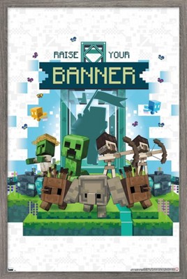 Trends International Minecraft: Legends - Raise Your Banner Framed Wall  Poster Prints Barnwood Framed Version 14.725