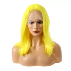 Unique Bargains Medium Long Straight Bob Lace Front Wigs for Women with Wig Cap 14" Yellow 1PC