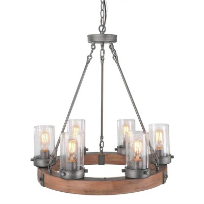 LNC Laius 6-Light 24.8" Siliver and Wood Wagon Wheel Farmhouse Glass Chandelier,With 6 Seeded Glass Shapde
