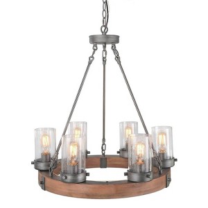 LNC Laius 6-Light 24.8" Siliver and Wood Wagon Wheel Farmhouse Glass Chandelier,With 6 Seeded Glass Shapde - 1 of 4