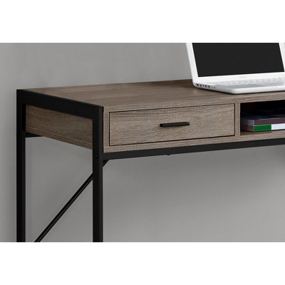 Contemporary Dark Taupe Wood-Grain Home Office Desk with Black Metal Frame