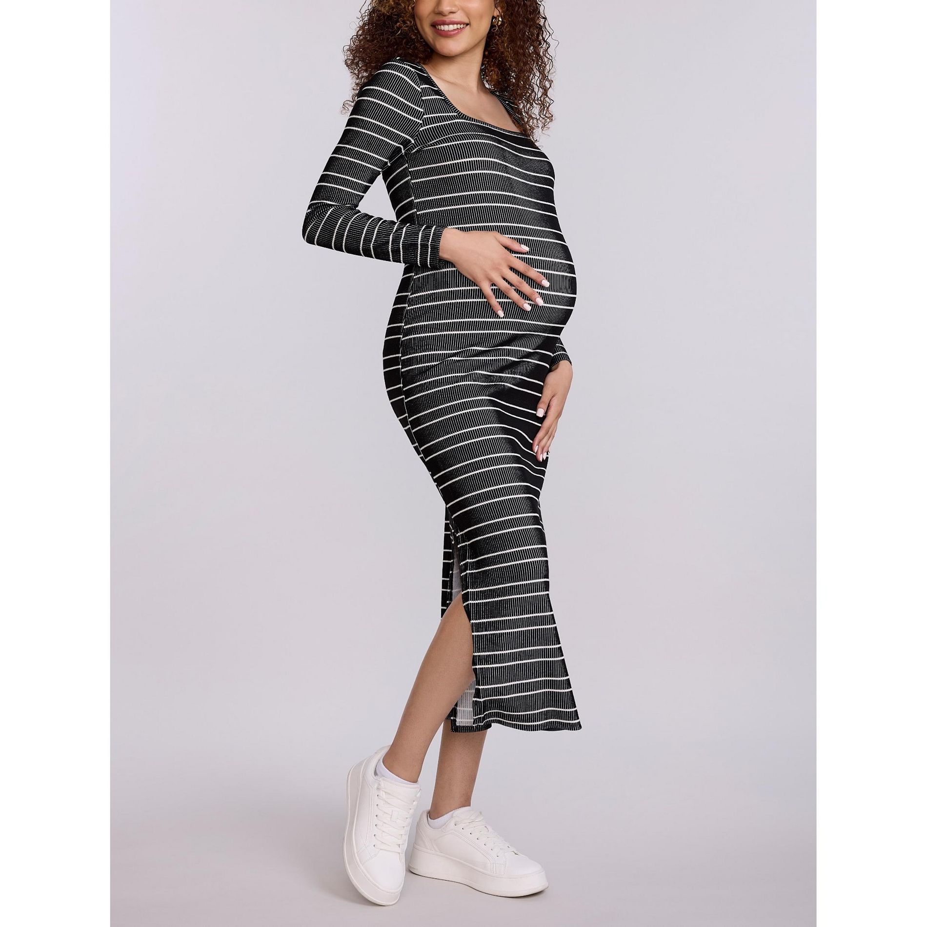 Women's Square Neck Rib Knit Long Sleeve Bodycon Maxi Dress | Motherhood Maternity