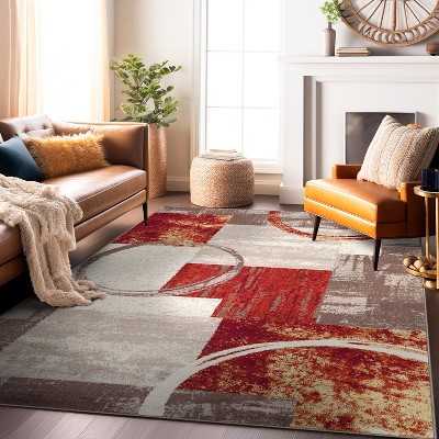 Rust and Ivory Abstract Synthetic 5' x 7' Rectangular Area Rug