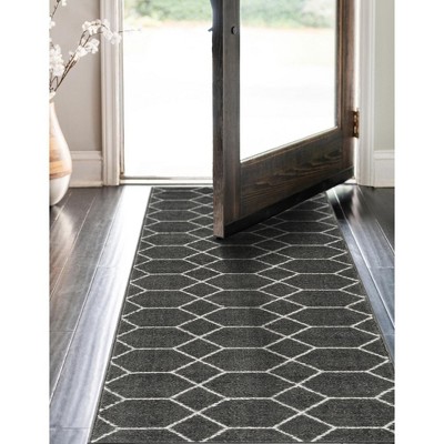Dark Gray and Ivory Geometric Trellis Runner Rug