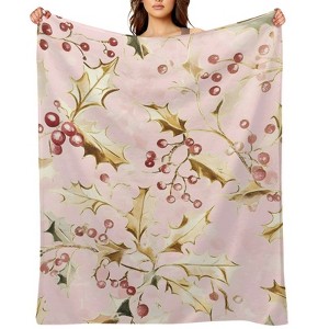FIONECA Blush Pink Holly Berry Christmas Blanket with Gold Accent Pattern Cozy Soft Holiday Throw 40x50 inches - 1 of 1