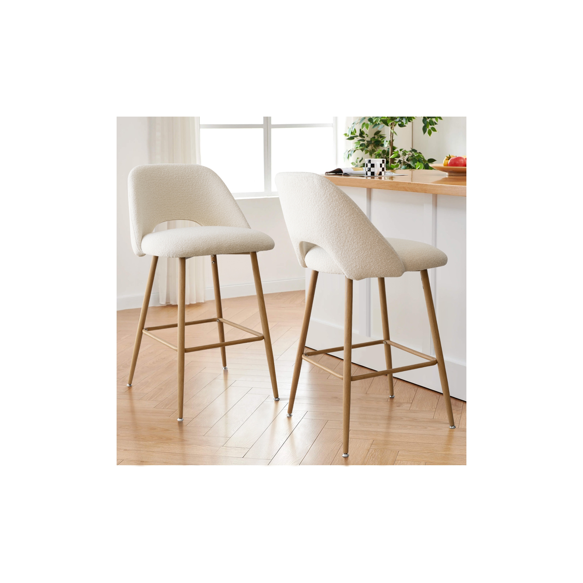 Set of 2 Boucle Counter Height Bar Stools, 27" Modern Beige Upholstered Kitchen Island Chairs with Wood Finish Metal Legs - Panipeachy