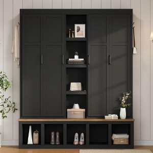 Whisen Freestanding Hall Tree with Shoe Bench, Storage Shelves and 3 Hanging Hooks - 1 of 4