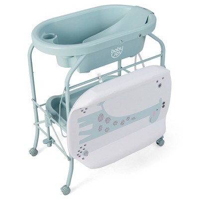 Image of Costway Baby Changing Table with Bathtub, Folding & Portable Diaper Station with Wheels Blue