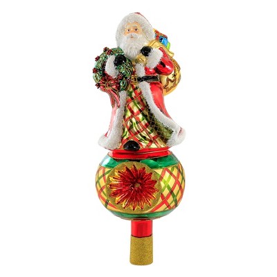 Huras 12.0" Red Plaid Santa On Reflector Tree Topper Finial  -  Tree Toppers