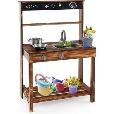 Costzon Mud Kitchen, Outdoor Play Kitchen with Stoves, Sink & Faucet, Blackboard, Cooking Accessories, Storage Shelf, Wooden Playset for Kids