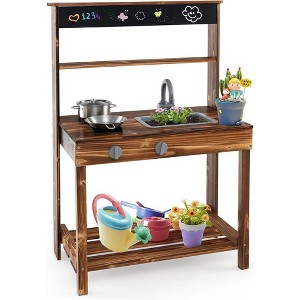 Costzon Mud Kitchen, Outdoor Play Kitchen with Stoves, Sink & Faucet, Blackboard, Cooking Accessories, Storage Shelf, Wooden Playset for Kids - 1 of 4