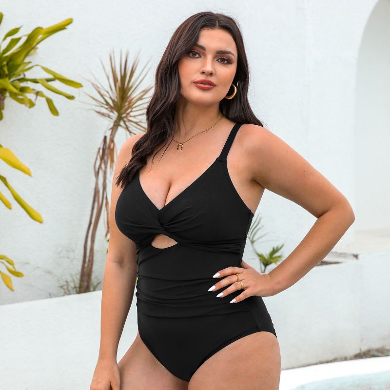 Women's Plus Size Twist Front Cutout Ruched Back Tie One Piece Swimsuit - Cupshe, 2 of 5