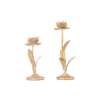 2pc Metal Taper Candle Holder Set with Flowers Gold/White - Storied Home