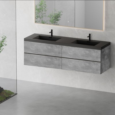 Whisen Minimalist Floating Wall-Mounted Bathroom Vanity with Integrated Quartz Sand Sink and  Storage Drawers - Grey