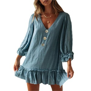 Womens Ruffle Peasant Dress V Neck 3/4 Sleeve Front Button Flowy Dress Beach Sundress Linen A Line Summer Mini Dress Babydoll Dress - 1 of 4