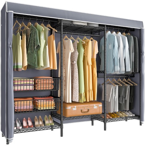 86 inches Double Rod Closet Organizer, Tall Freestanding 3 Tiers Shelves  Clothes Garment Racks