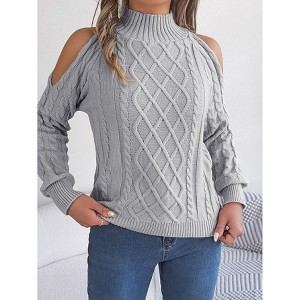 Coolmee Women Soft Cable-Knot Cold Shoulder Half-High Neck Long Sleeve Knit Pullovers Sexy Sweater Top - 1 of 4