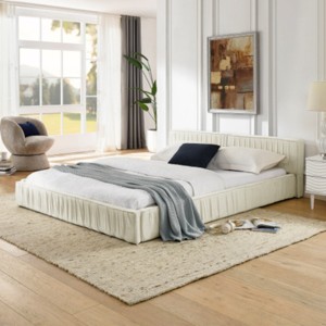 Queen Size Chenille Upholstered Bed Frame with Pleated Headboard, Modern Platform Bed Frame for Bedroom – The Pop Home - 1 of 4