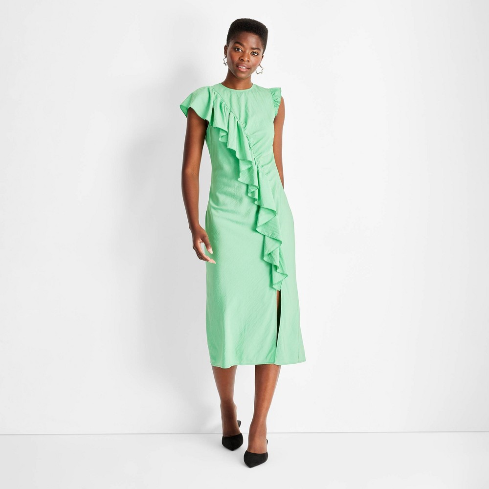 Women's Flutter Mini Cap Sleeve Asymmetrical Ruffle Ankle Dress - Future Collective Green L