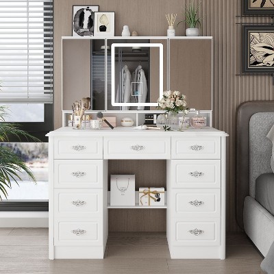 FUFU&GAGA White LED Elegant Makeup Vanity Table with Adjustable Mirror 9-Drawers