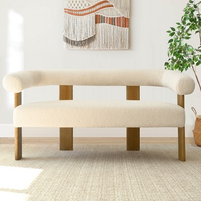 Boucle Accent Chair with Curved Back and Oak Legs, Modern Upholstered Barrel Lounge Chair for Living Room or Bedroom-Maison Boucle