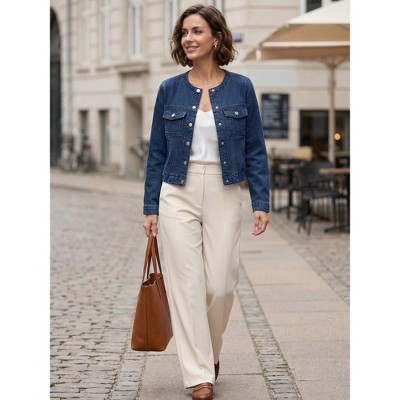 INSPIRE CHIC Women's Crew Neck Western Long Sleeve Chest Pockets Denim Cropped Jean Jackets XX-Large Vintage Blue — фото 5