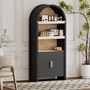 71" Tall Arched Bookcase Cabinet, Mid-Century Modern Wooden Storage Bookshelf with Adjustable Open Shelves, Pantry Display Cabinet - 1 of 4