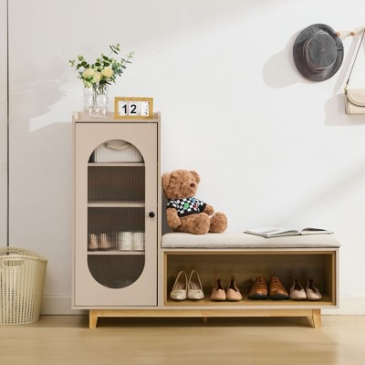 HYLEORY Farmhouse Shoe Storage Cabinet with Shoe Bench, 4-Tier Shoe Cabinet Shelves for 20 Pairs, for Entryway, Living Room ,Beige and brown