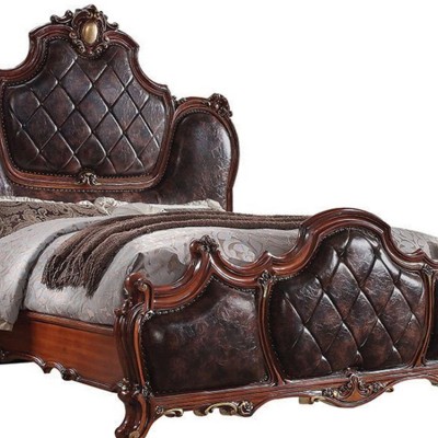 Cherry Oak Queen Bed with Tufted Upholstered Headboard