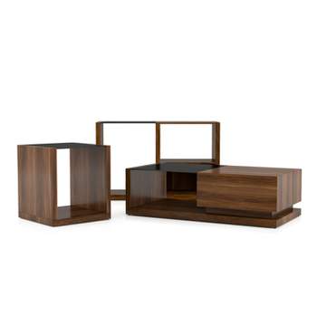 3pc Glena Coffee, Console, and End Table Set with Black Tempered Glass Insert Dark Walnut - miBasics
