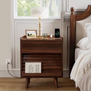 WOWLIVE Wooden Nightstand with 2 Drawers, Modern Bedside Table with Outlets & LED Lights, File Cabinet - 1 of 4