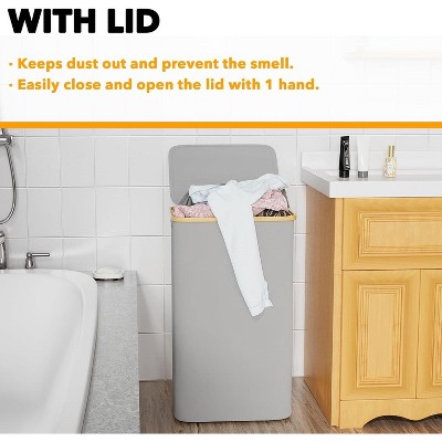 Gray Collapsible Rectangular Laundry Hamper with Bamboo Lid
