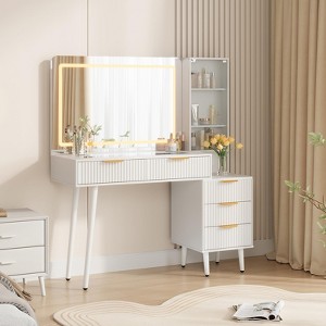 48" Vanity Desk with Mirror and Lights, Fluted Makeup Vanity with 3 Light Mode,Glass Top - 1 of 3