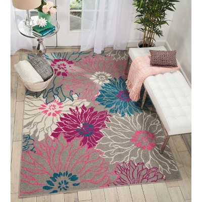 Gray and Pink Floral Synthetic 5' x 7' Area Rug