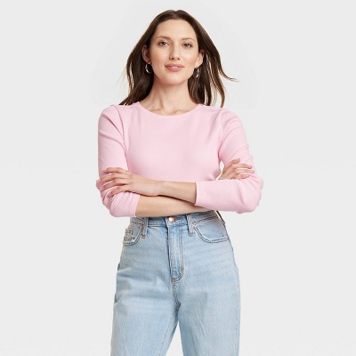 Women's Long Sleeve Shrunken Rib T-shirt - Universal Thread™ Light Pink M :  Target
