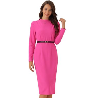 INSPIRE CHIC Women's Stand Collar Tie Belted Waist Split Hem Work Sheath  Dress Hot Pink Medium : Target