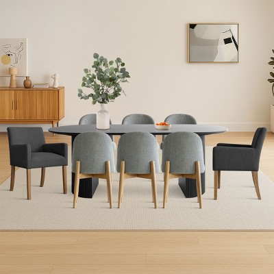 9-Piece Oval Dining Table Set, 79'' Black Pedestal Table with 6 Armless & 2 Armrest Upholstered Chairs, Modern Dining Room Set-Maison Boucle