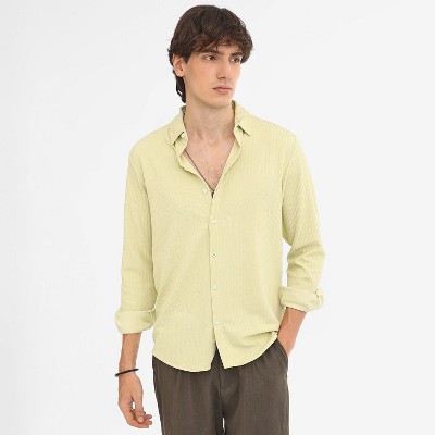 Campus Sutra Men Men's Lime Green  Stripe-Creased Shirt