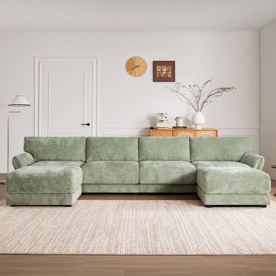 142" U Shaped Modular Sectional Sofa,6 Seat Chenille Sectional Sofa with Ottoman,Petal Arm Upholstered Sectional Sofa for Living Room-Coolbibila