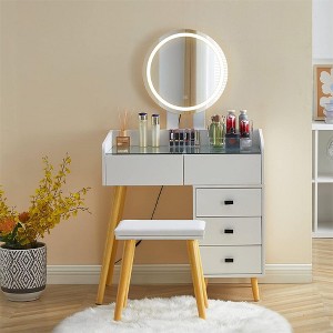 Vanity Table with LED Lights Glass Top, Dressing Table with Extendable Side Table 5 Drawers Dressing Table with Mirror and Stool for Bedroom - 1 of 4
