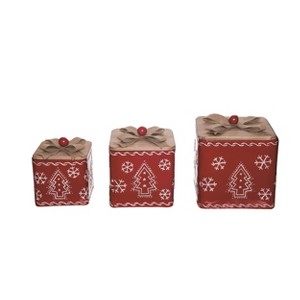 Transpac Metal 12 in. Red Christmas Embossed Design Boxes Set of 3 - 1 of 4