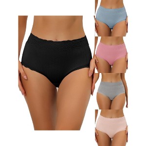 Allegra K Women's High Waist Tummy Control Ribbed Comfortable Lace Trim 5 Packs Briefs - 1 of 4