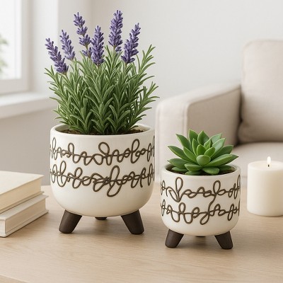 Sagebrook Home Set of Two 6"/8" Ceramic Abstract Design Footed Planters