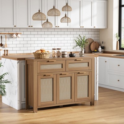 Garvee Boho Rattan Buffet Sideboard Cabinet with 2 Drawers Magnetic Cabinet Doors & Customizable Inner Shelves, for Kitchen Living Room Dining - Dark Oak — фото 2