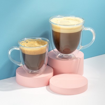 Clear Double Wall Insulated Glass Coffee Mugs - 13.5 oz Set